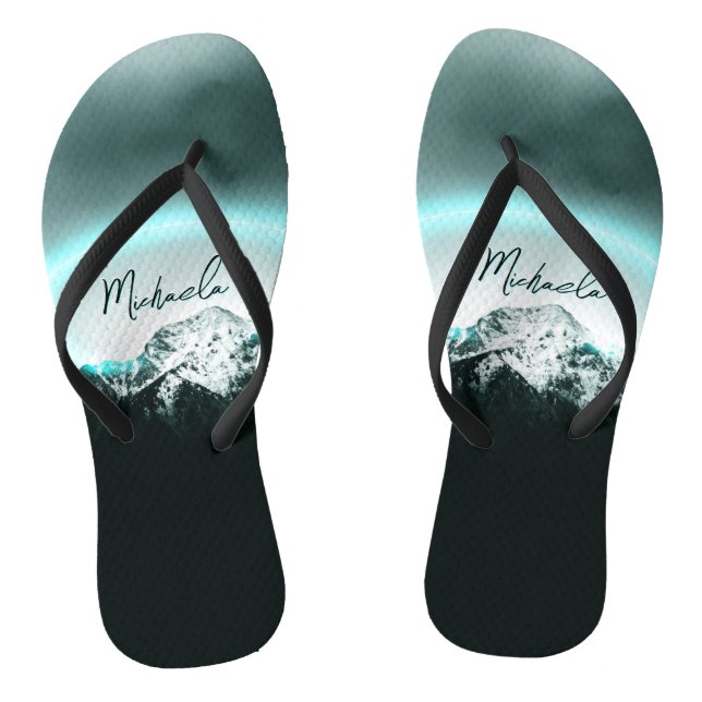 Snowy mountain mysterious blue neon light monogram thongs (Footbed)