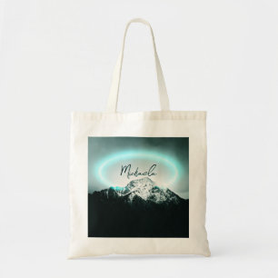Snowy mountain mysterious blue neon light monogram tote bag