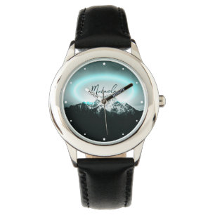 Snowy mountain mysterious blue neon light monogram watch