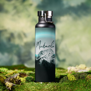 Snowy mountain mysterious blue neon light monogram water bottle