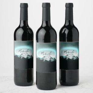 Snowy mountain mysterious blue neon light monogram wine label