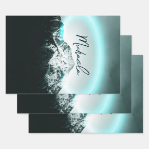 Snowy mountain mysterious blue neon light monogram wrapping paper sheet