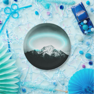 Snowy mountain mysterious blue neon light paper plate