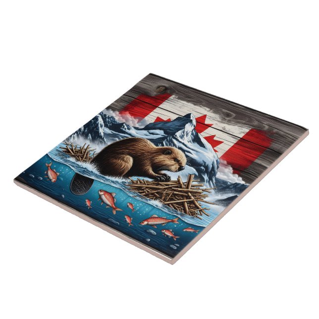 Snowy Mountain, Ocean, Canadian Beaver Ceramic Tile (Side)