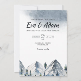 Snowy Mountain Peak Pine Watercolor Winter Wedding Invitation