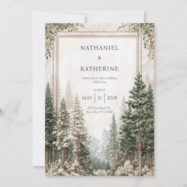 Snowy Mountain Pine Forest Wedding Invitation (Front)