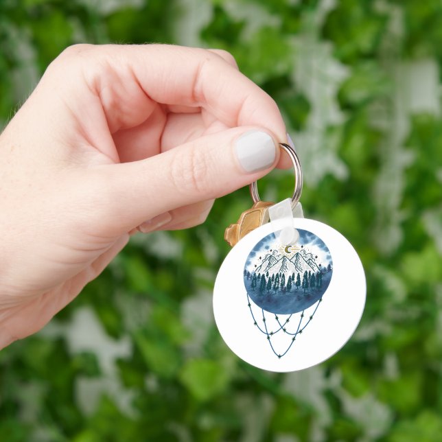 Snowy Mountain Pine Tree Nature Adventure Outdoor Key Ring (Hand)