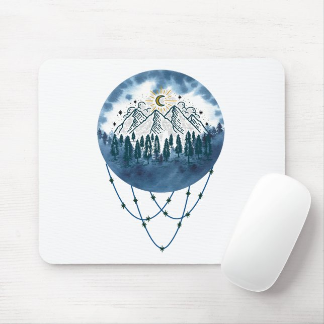 Snowy Mountain Pine Tree Nature Adventure Outdoor Mouse Pad (With Mouse)