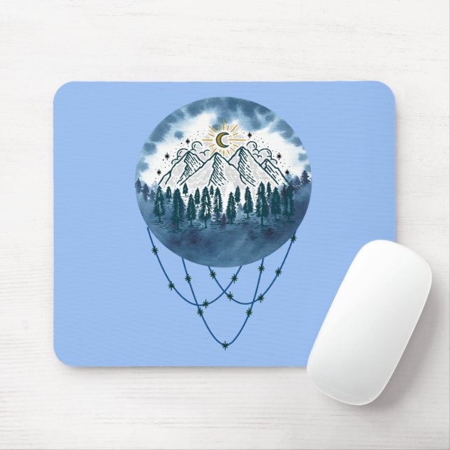 Snowy Mountain Pine Tree Nature Adventure Outdoor Mouse Pad (With Mouse)