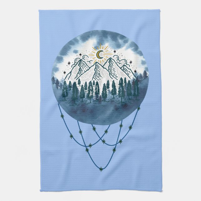 Snowy Mountain Pine Tree Nature Adventure Outdoor Tea Towel (Vertical)