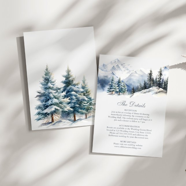 Snowy Mountain & Pine Trees Wedding Details Card (Snowy Mountain & Pine Trees Weddding Details Card on a sunny white table.)