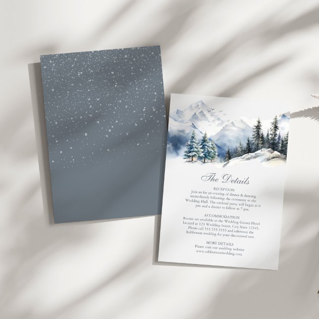 Snowy Mountain & Pine Trees Wedding Details Card (Snowy Mountain & Pine Trees Weddding Details Card on a sunny white table.)
