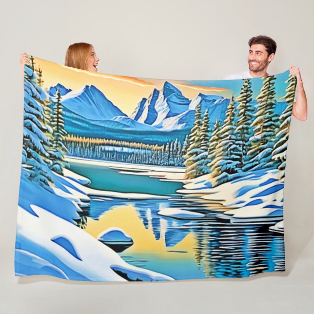 Snowy Mountain Reflection Fleece Blanket (In Situ)