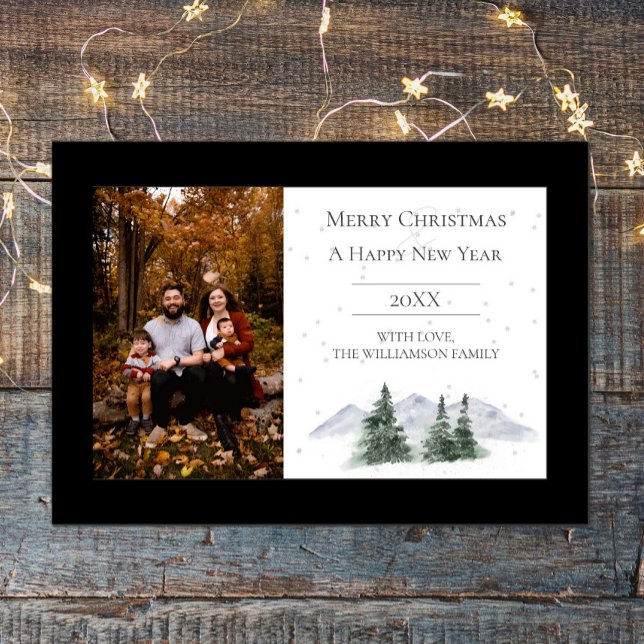 Snowy Mountain Top | Black Photo Holiday Card (Black Snowy Mountain Top Holiday Photo Card)