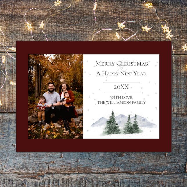 Snowy Mountain Top | Red Photo Holiday Card (Red Snowy Mountain Top Holiday Photo Card)