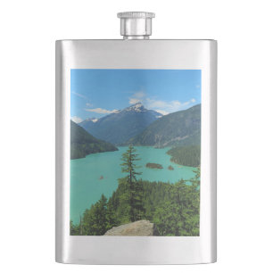 Snowy Mountain Turquoise Lake in Washington Hip Flask