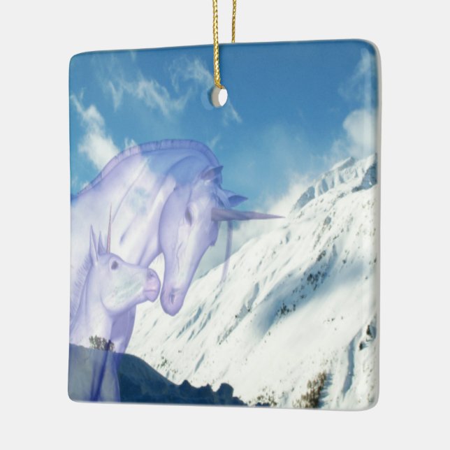 Snowy Mountain Unicorn Tender Scene Ceramic Ornament (Left)