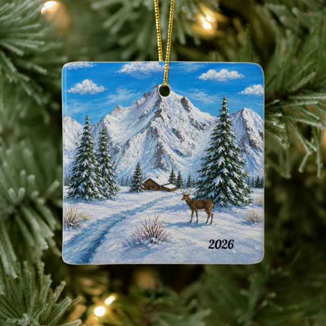 Snowy Mountain Valley Ceramic Ornament (Tree)