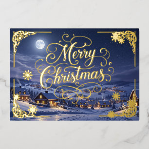 Snowy Mountain Village, full moon, Christmas Card