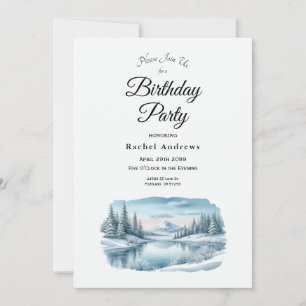 Snowy Mountain Winter Lake Birthday Party Invitation