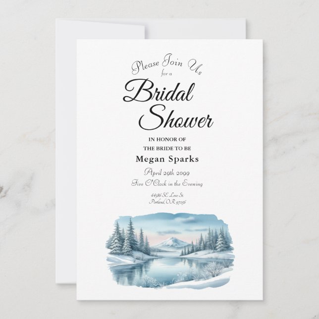 Snowy Mountain Winter Lake Bridal Shower Invitation (Front)