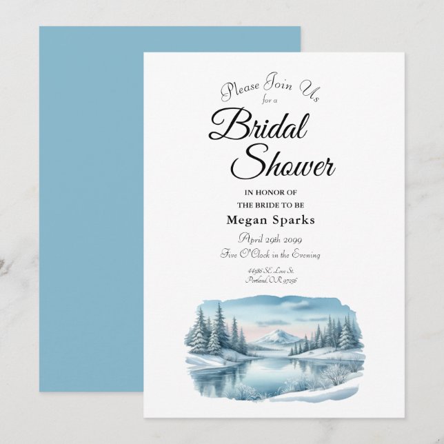 Snowy Mountain Winter Lake Bridal Shower Invitation (Front/Back)
