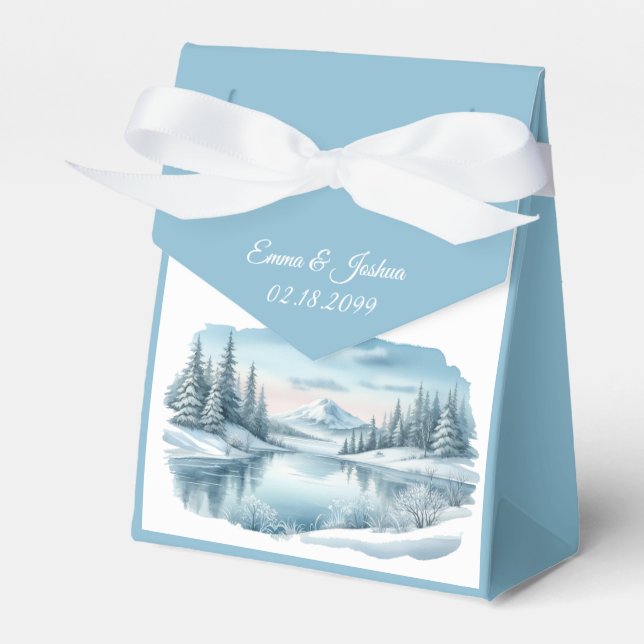 Snowy Mountain Winter Lake Wedding Favour Box (Front Side)