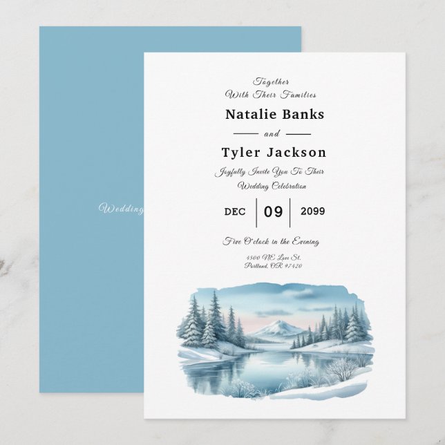Snowy Mountain Winter Lake Wedding Invitation (Front/Back)