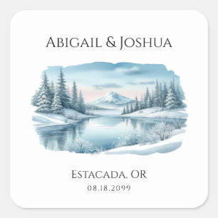 Snowy Mountain Winter Lake Wedding Square Sticker