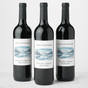 Snowy Mountain Winter Lake Wedding Wine Label