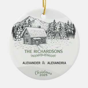 Snowy Mountain Winter Log Cabin  Ceramic Ornament