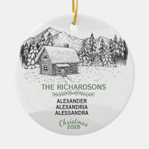 Snowy Mountain Winter Log Cabin X 3 Ceramic Ornament