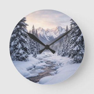 Snowy Mountain Winter Round Clock