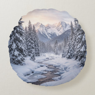 Snowy Mountain Winter Round Cushion