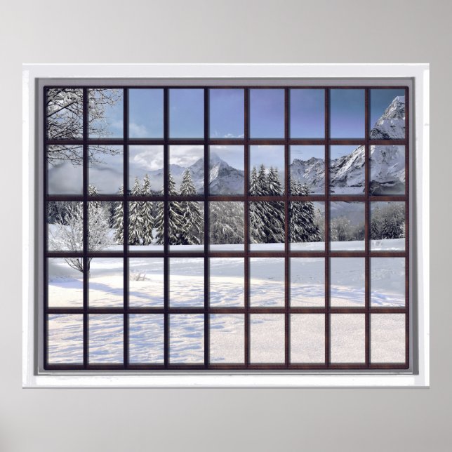 Snowy Mountains Faux Winter Scene Window Poster (Front)