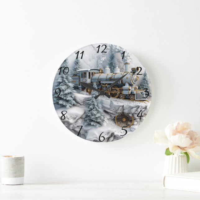 Snowy mountains with steam train AI art Large Clock (Home)