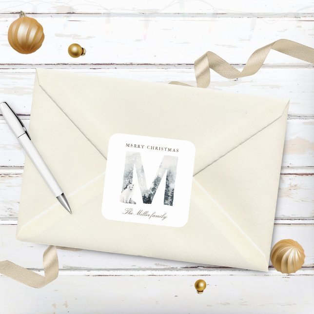 Snowy Mountains Woodland Animals Holiday Monogram Square Sticker (Creator Uploaded)