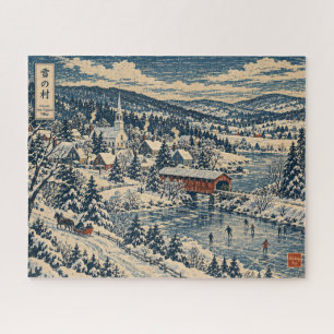 Snowy New England Village Japanese Woodblock Puzzl Jigsaw Puzzle