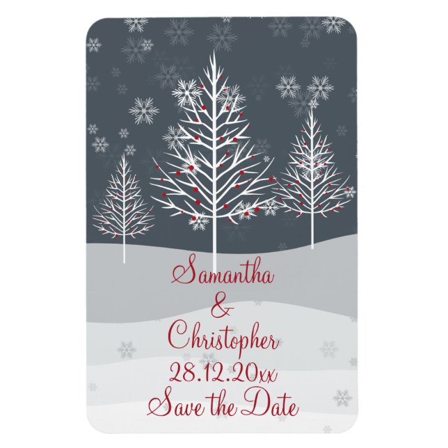 Snowy Night and Winter Trees Wedding Save the Date Magnet (Vertical)