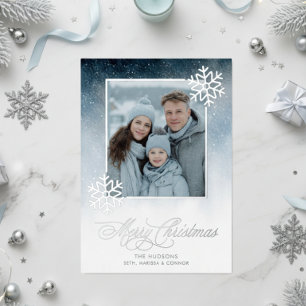 Snowy Night Blue Foil Merry Christmas Holiday Card