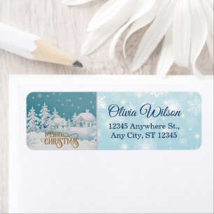 Snowy Night Gold Merry Christmas Return Address Label