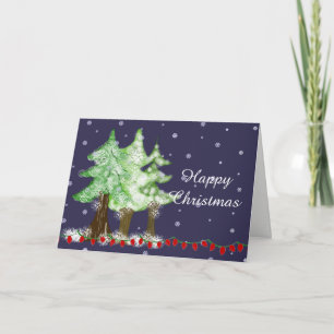Snowy Night Snow Dusted Christmas Trees Holiday Card