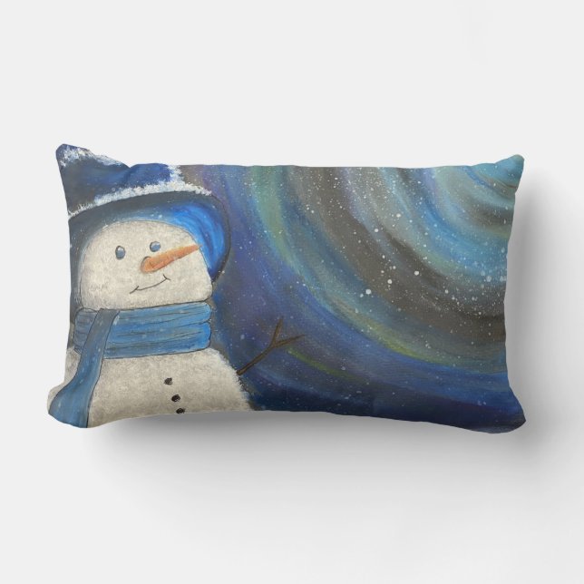 Snowy Night Snowman Throw Pillow Original Art (Front)