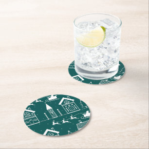 Snowy Nordic Christmas Village Round Paper Coaster