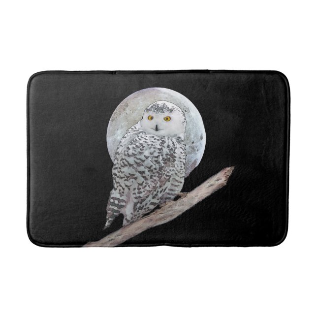 Snowy Owl and Moon Painting - Original Bird Art Bath Mat (Front)