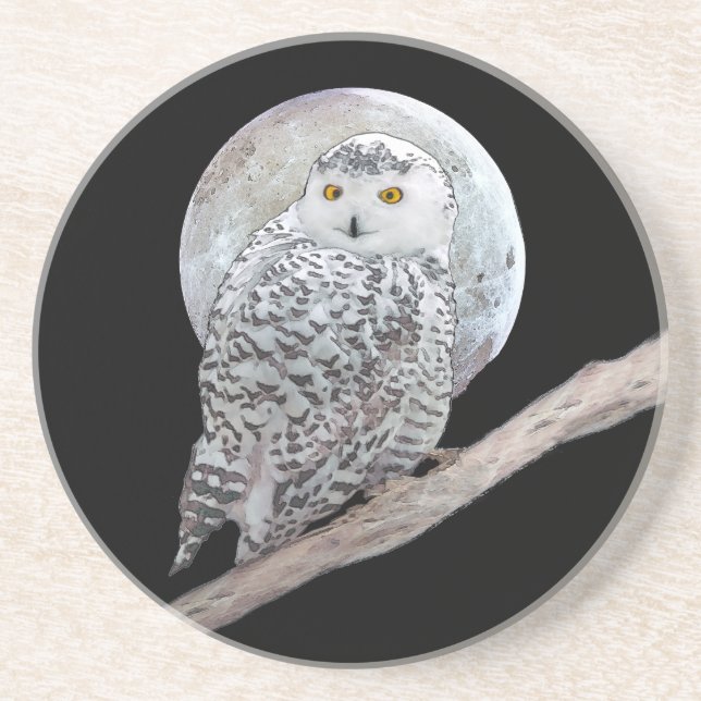 Snowy Owl and Moon Painting - Original Bird Art Coaster (Front)