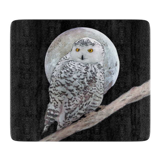 Snowy Owl and Moon Painting - Original Bird Art Cutting Board (Front)