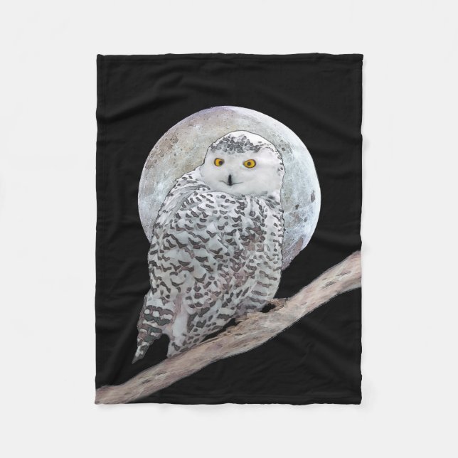Snowy Owl and Moon Painting - Original Bird Art Fleece Blanket (Front)