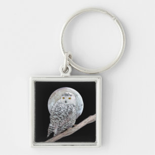 Snowy Owl and Moon Painting - Original Bird Art Key Ring