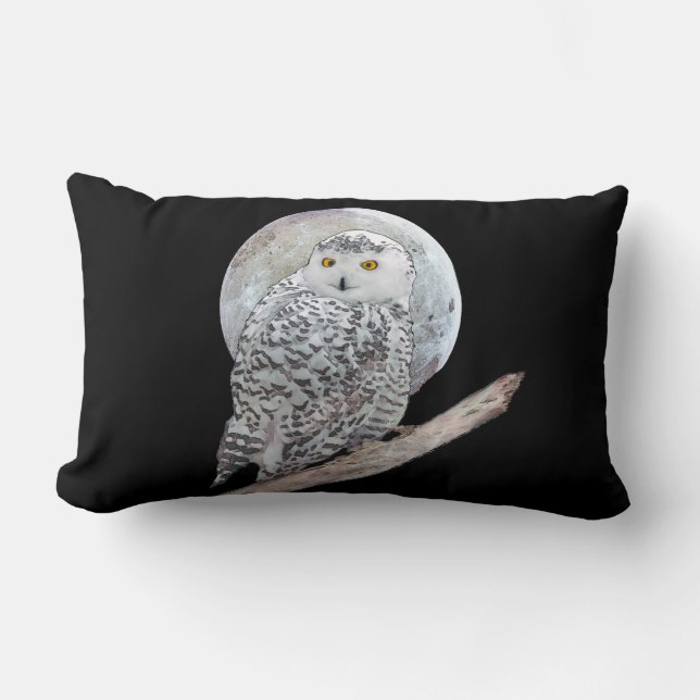 Snowy Owl and Moon Painting - Original Bird Art Lumbar Cushion (Front)